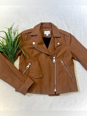 Nine West Brown Faux Leather Motorcycle Jacket - XS